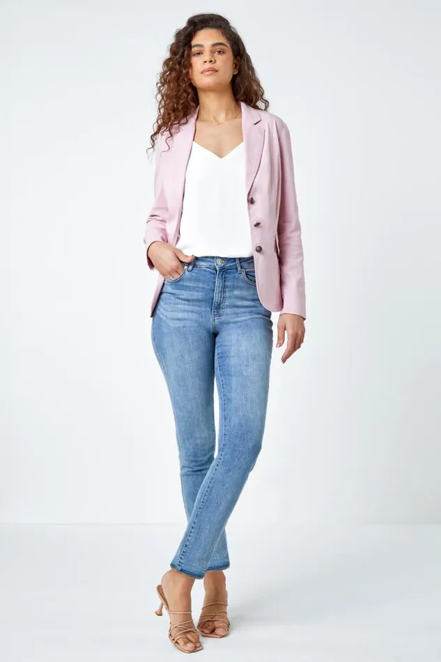 Women Light Pink Stretch Button Detail Blazer Roman Jackets