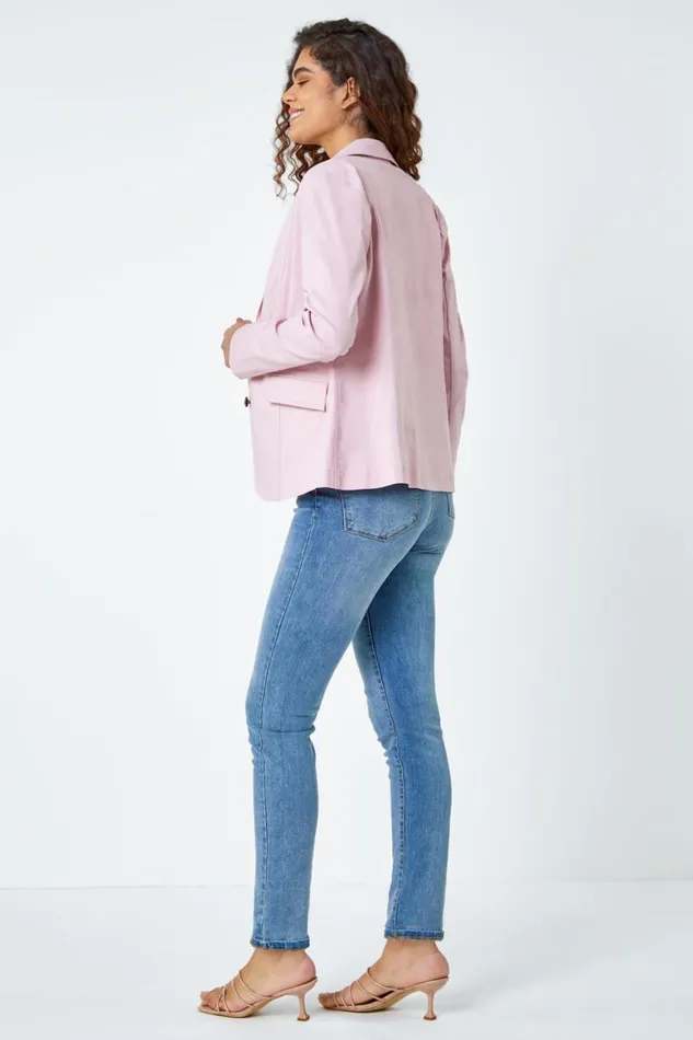Women Light Pink Stretch Button Detail Blazer Roman Jackets