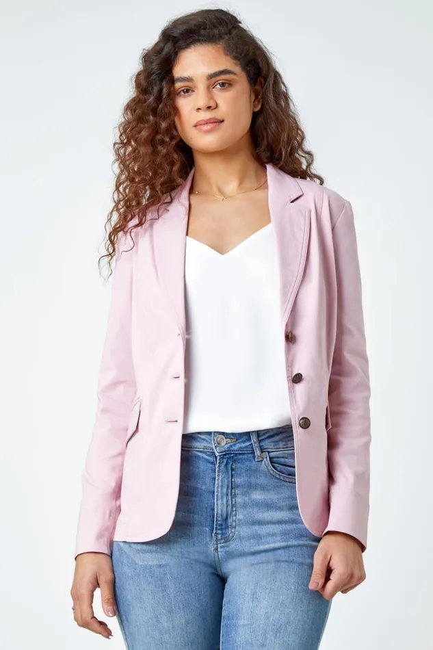 Women Light Pink Stretch Button Detail Blazer Roman Jackets