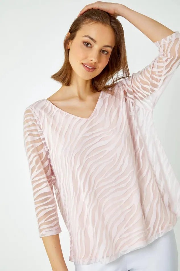 Women Light Pink Textured Animal Print VNeck Top Roman Tops