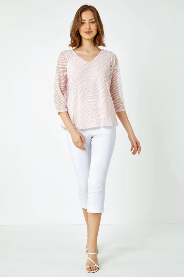 Women Light Pink Textured Animal Print VNeck Top Roman Tops