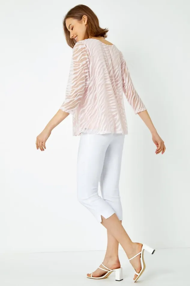 Women Light Pink Textured Animal Print VNeck Top Roman Tops