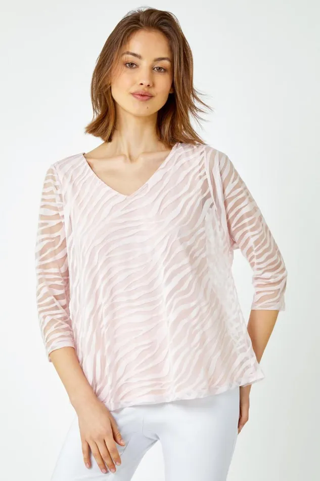 Women Light Pink Textured Animal Print VNeck Top Roman Tops
