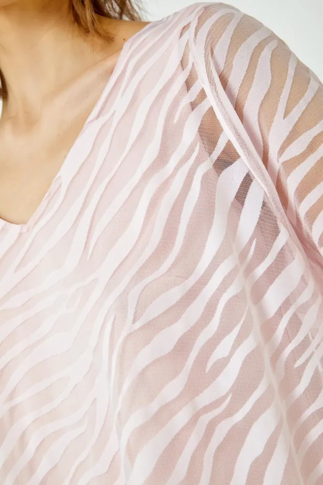 Women Light Pink Textured Animal Print VNeck Top Roman Tops