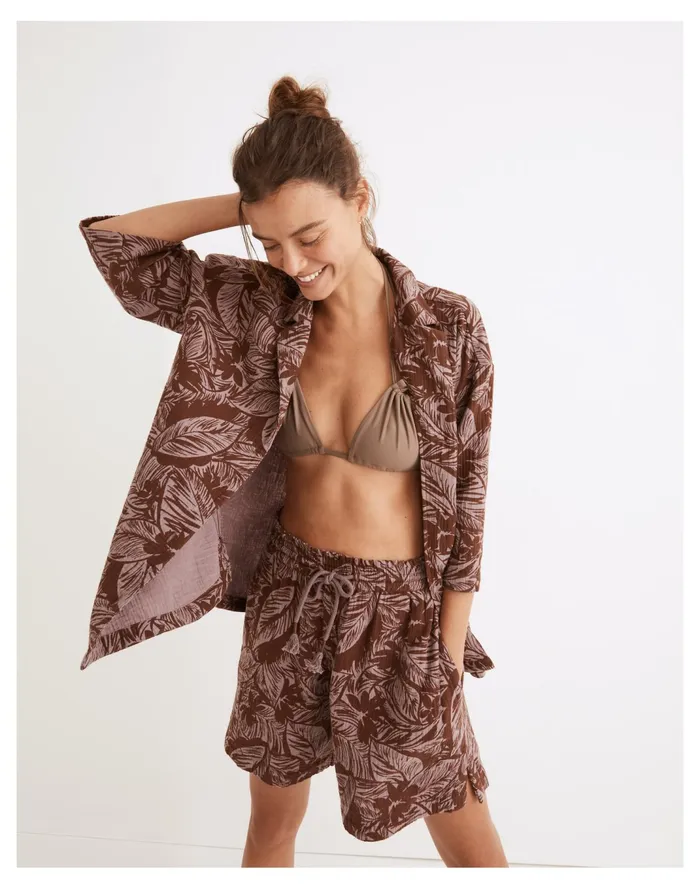 Women Lightestspun Cover Up Camp Shirt In Palm Leaves Fig Madewell Swim