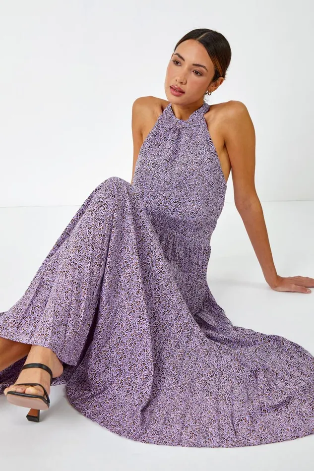 Women Lilac Animal Print Halter Neck Chiffon Maxi Dress Roman Dresses
