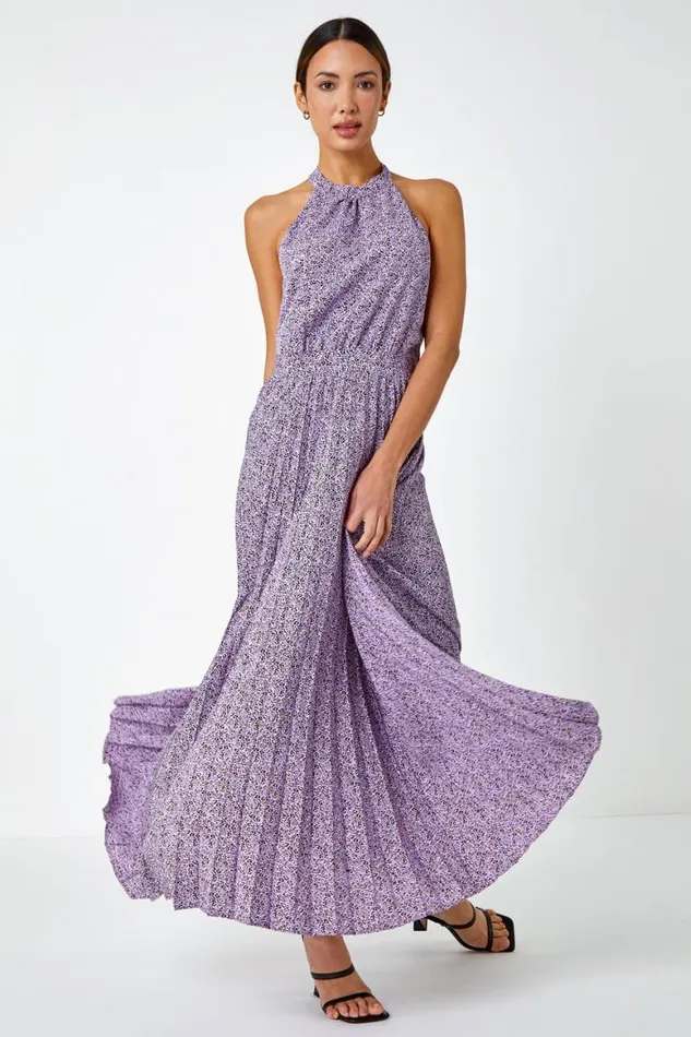 Women Lilac Animal Print Halter Neck Chiffon Maxi Dress Roman Dresses