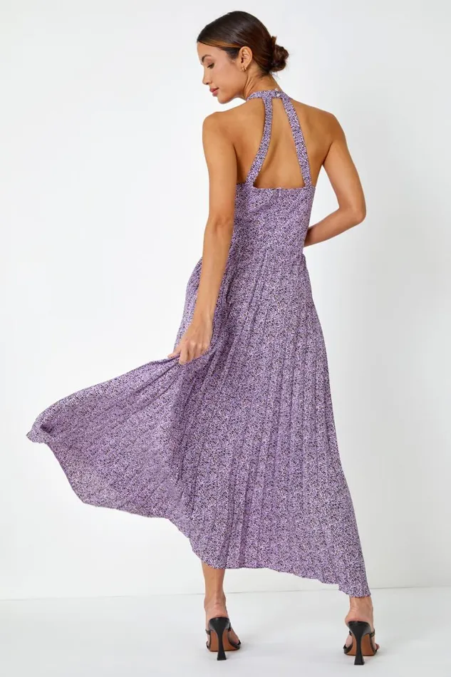 Women Lilac Animal Print Halter Neck Chiffon Maxi Dress Roman Dresses