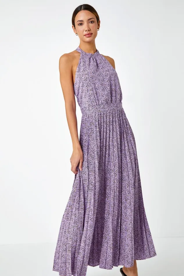 Women Lilac Animal Print Halter Neck Chiffon Maxi Dress Roman Dresses