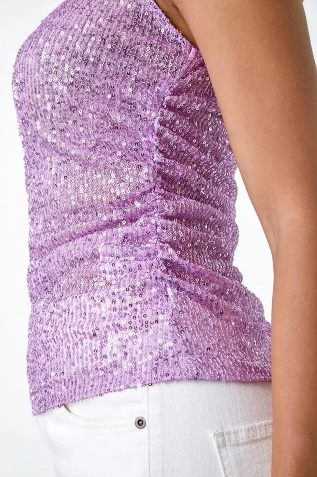 Women Lilac Sequin Embellished Stretch Vest Top Roman Tops