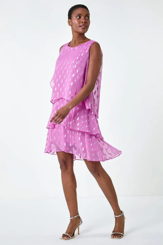 Women Lilac Shimmer Foil Print Tiered Dress Roman Dresses