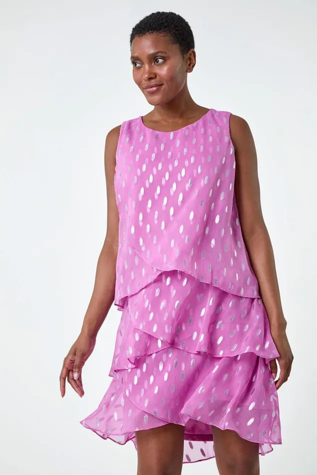 Women Lilac Shimmer Foil Print Tiered Dress Roman Dresses