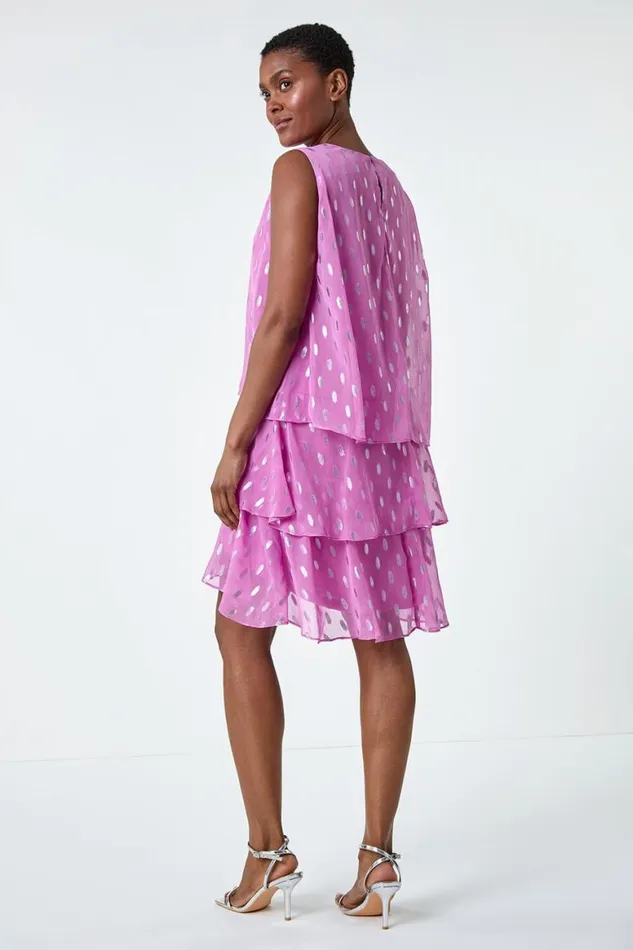 Women Lilac Shimmer Foil Print Tiered Dress Roman Dresses