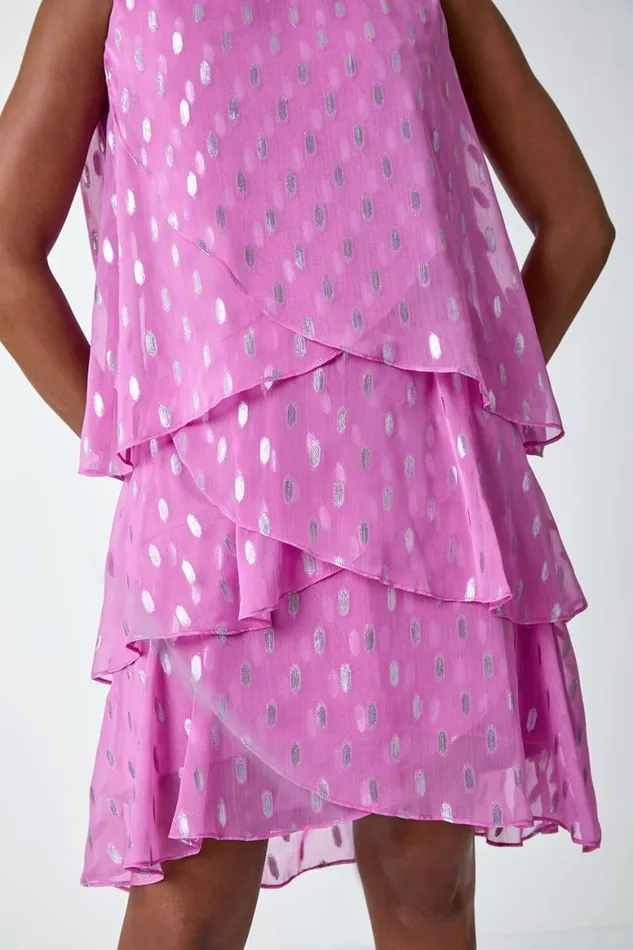 Women Lilac Shimmer Foil Print Tiered Dress Roman Dresses