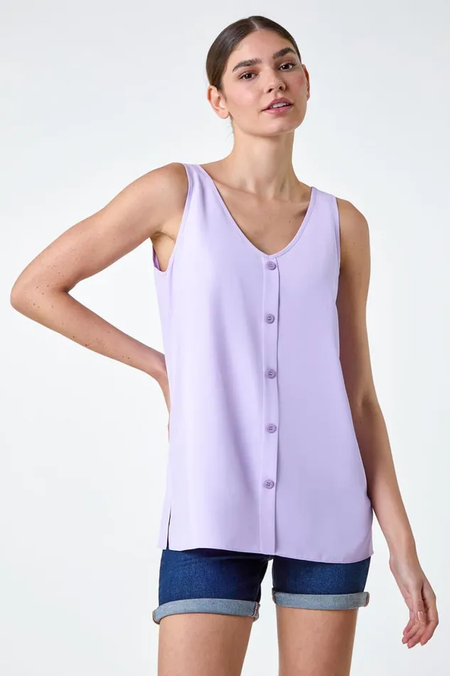 Women Lilac VNeck Button Front Sleeveless Top Roman Tops