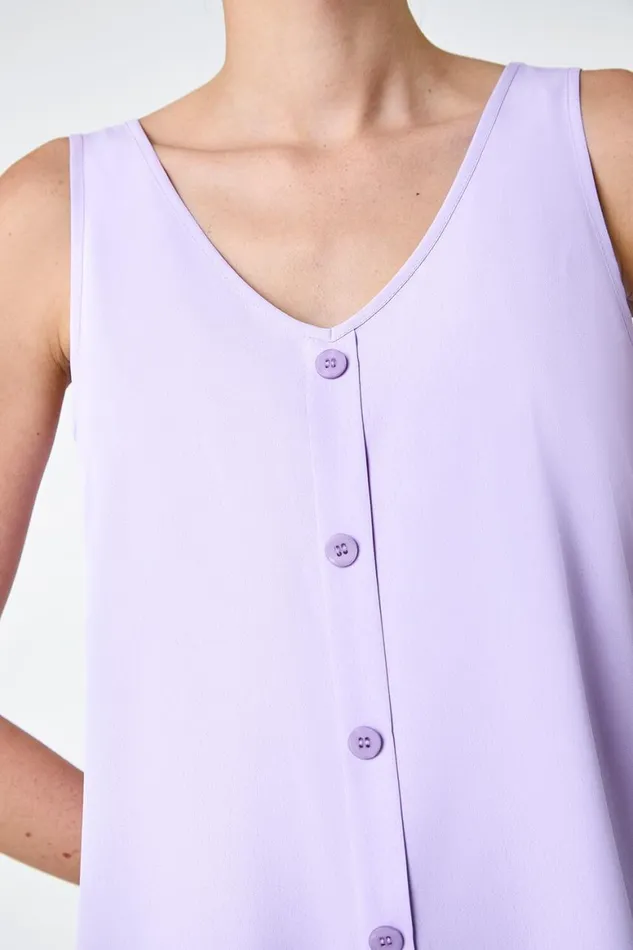 Women Lilac VNeck Button Front Sleeveless Top Roman Tops
