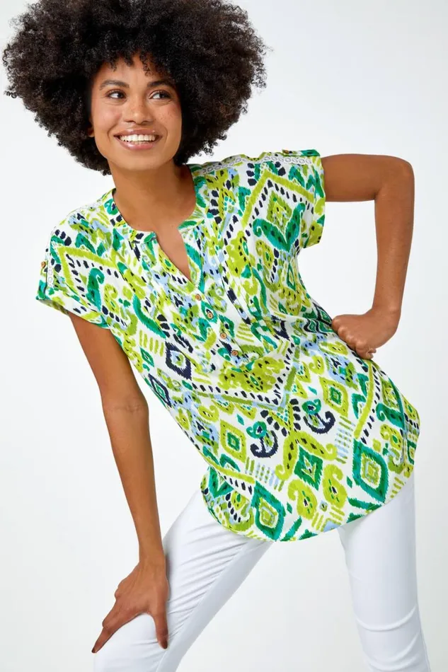 Women Lime Aztec Print Lace Trim VNeck Top Roman Tops