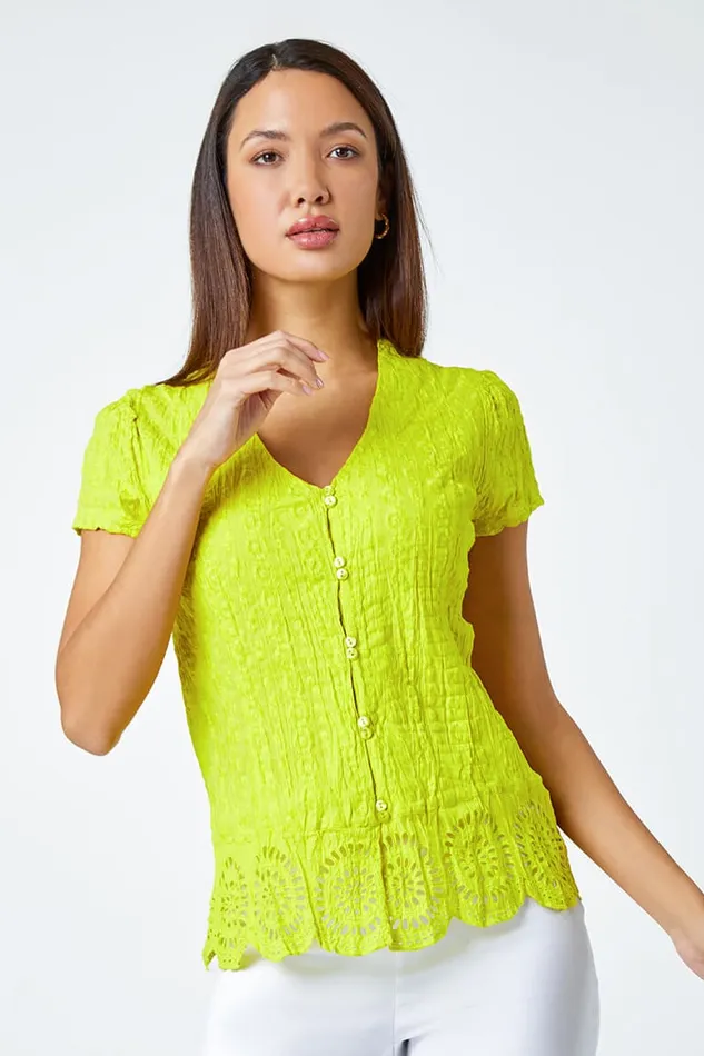 Women Lime Cotton Embroidered VNeck Crinkle Blouse Roman Tops