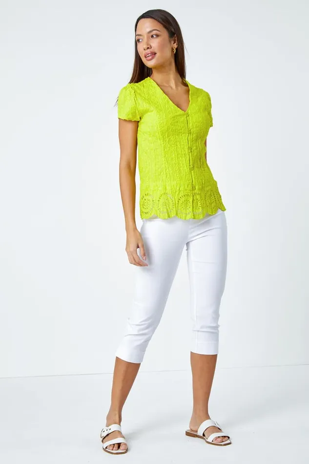 Women Lime Cotton Embroidered VNeck Crinkle Blouse Roman Tops
