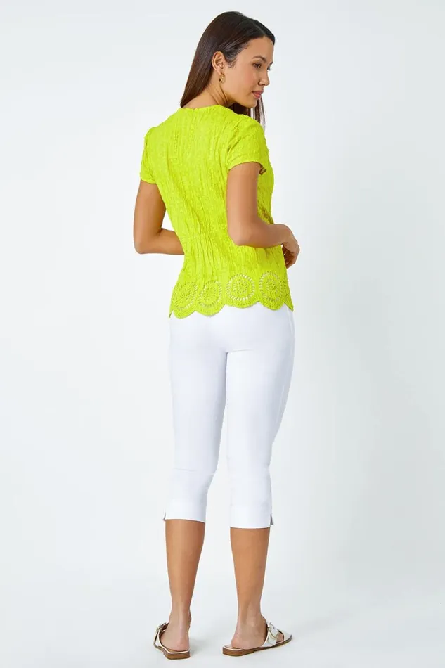 Women Lime Cotton Embroidered VNeck Crinkle Blouse Roman Tops