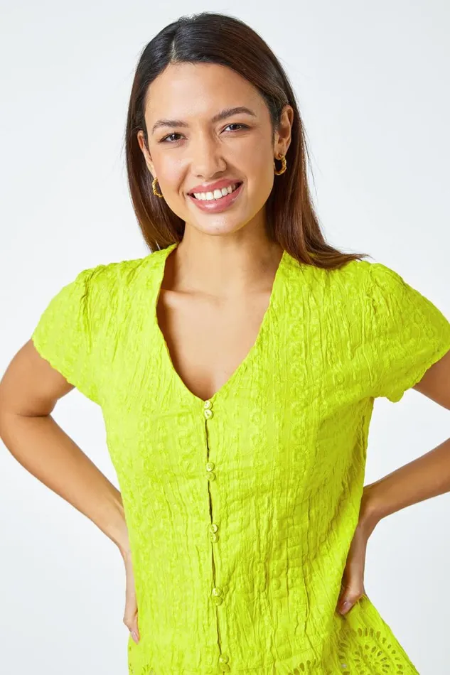 Women Lime Cotton Embroidered VNeck Crinkle Blouse Roman Tops