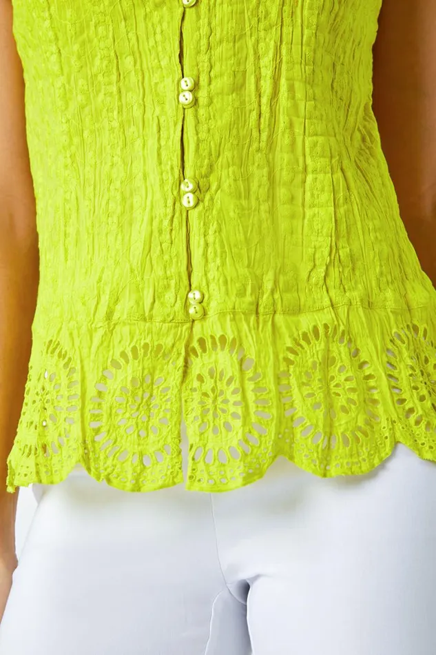 Women Lime Cotton Embroidered VNeck Crinkle Blouse Roman Tops