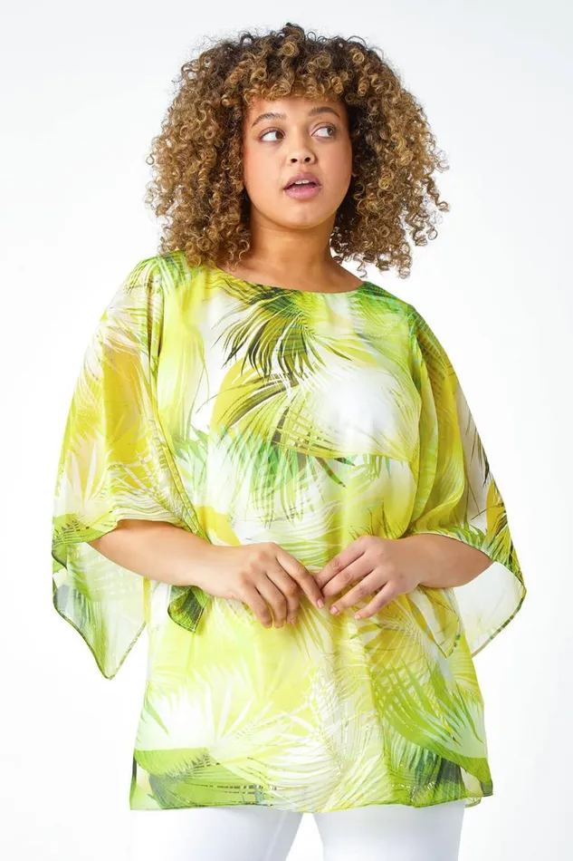 Women Lime Curve Leaf Print Chiffon Overlay Top Roman Tops