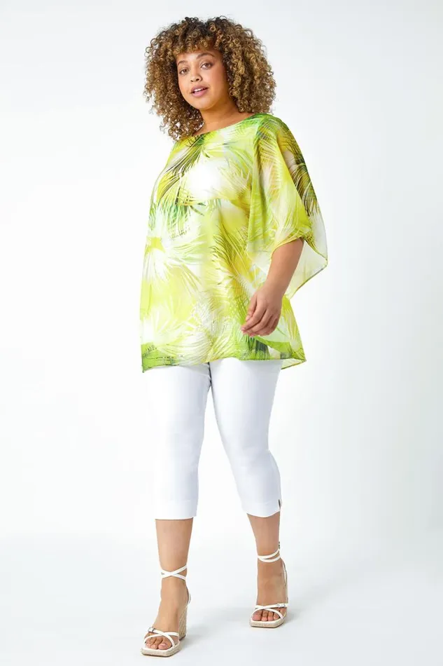 Women Lime Curve Leaf Print Chiffon Overlay Top Roman Tops
