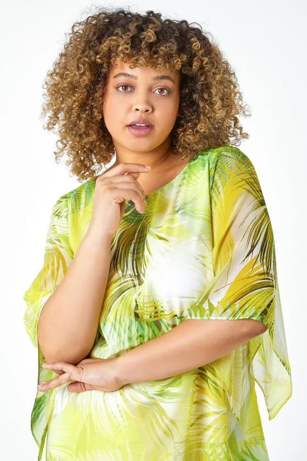 Women Lime Curve Leaf Print Chiffon Overlay Top Roman Tops