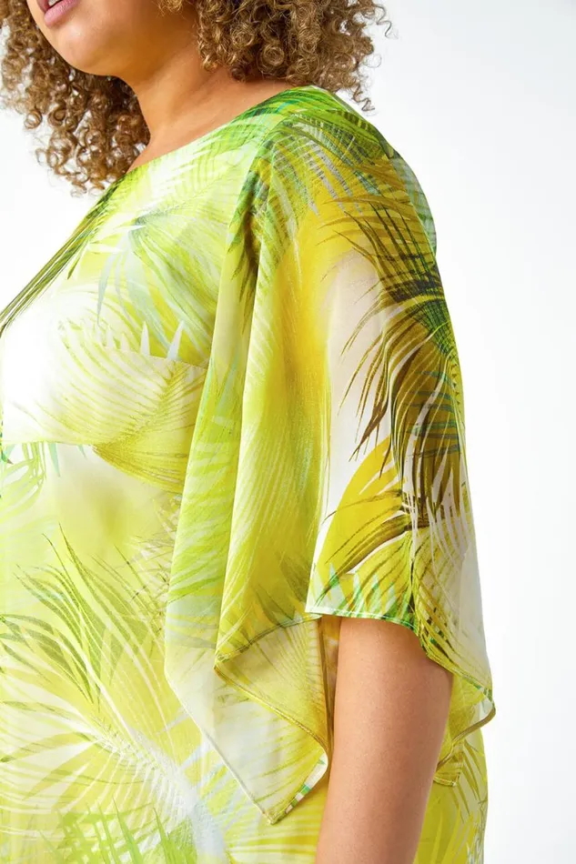 Women Lime Curve Leaf Print Chiffon Overlay Top Roman Tops