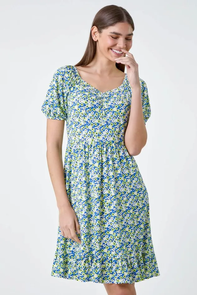 Women Lime Ditsy Floral Ruched Frill Stretch Dress Roman Dresses