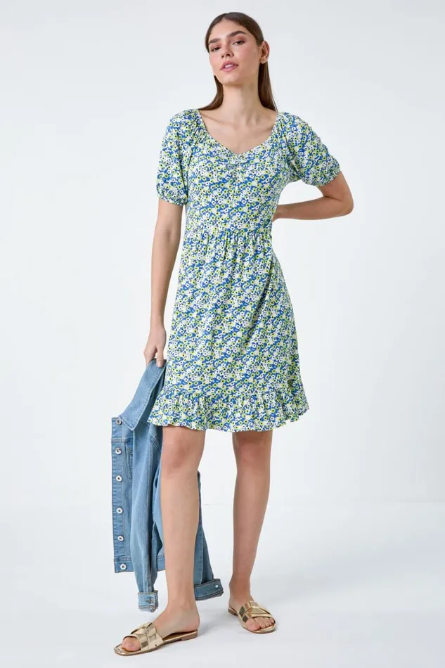 Women Lime Ditsy Floral Ruched Frill Stretch Dress Roman Dresses