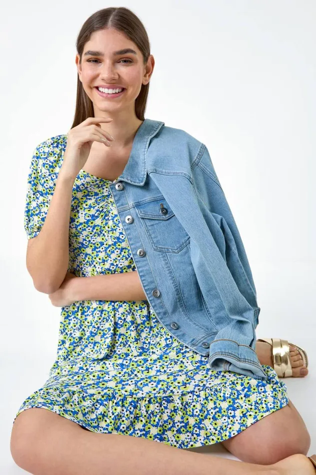 Women Lime Ditsy Floral Ruched Frill Stretch Dress Roman Dresses