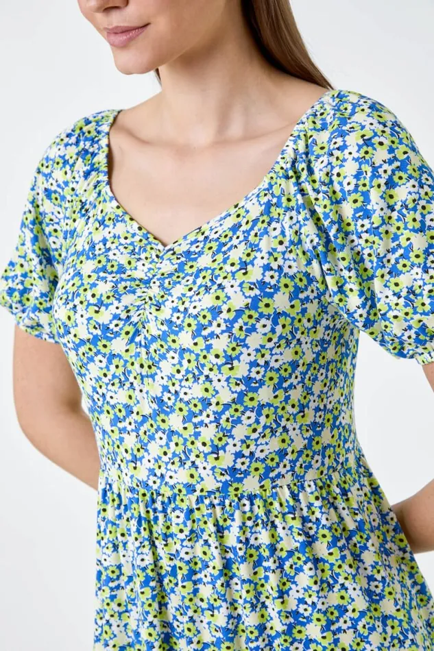 Women Lime Ditsy Floral Ruched Frill Stretch Dress Roman Dresses