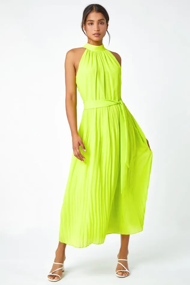 Women Lime Halterneck Pleated Chiffon Maxi Dress Roman Dresses