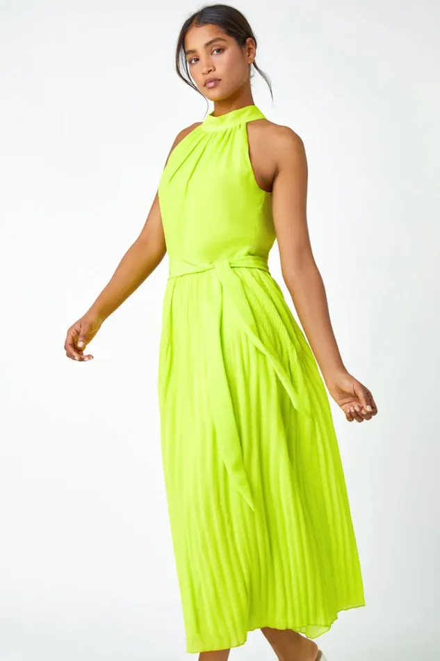 Women Lime Halterneck Pleated Chiffon Maxi Dress Roman Dresses