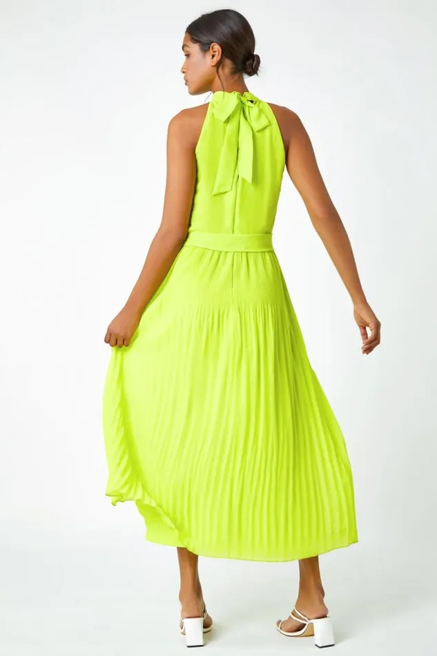 Women Lime Halterneck Pleated Chiffon Maxi Dress Roman Dresses