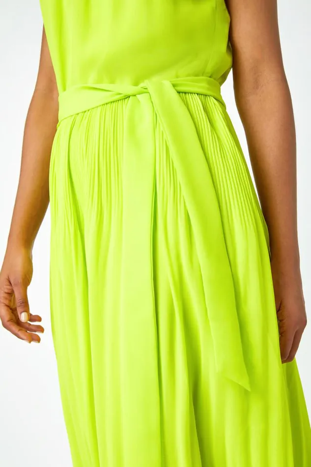 Women Lime Halterneck Pleated Chiffon Maxi Dress Roman Dresses