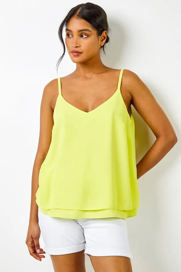 Women Lime Layered Chiffon Cami Vest Top Roman Tops