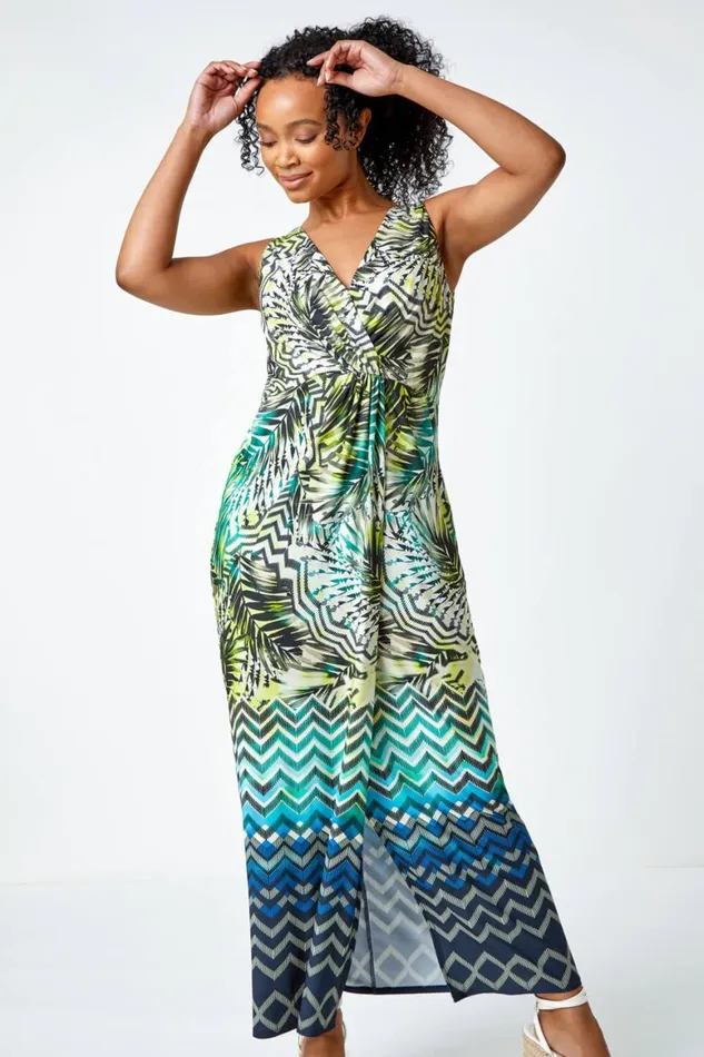 Women Lime Petite Abstract Print Ruched Wrap Maxi Dress Roman Dresses