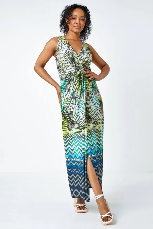 Women Lime Petite Abstract Print Ruched Wrap Maxi Dress Roman Dresses