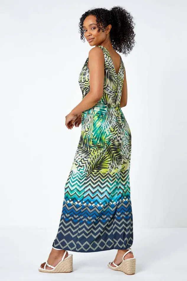 Women Lime Petite Abstract Print Ruched Wrap Maxi Dress Roman Dresses