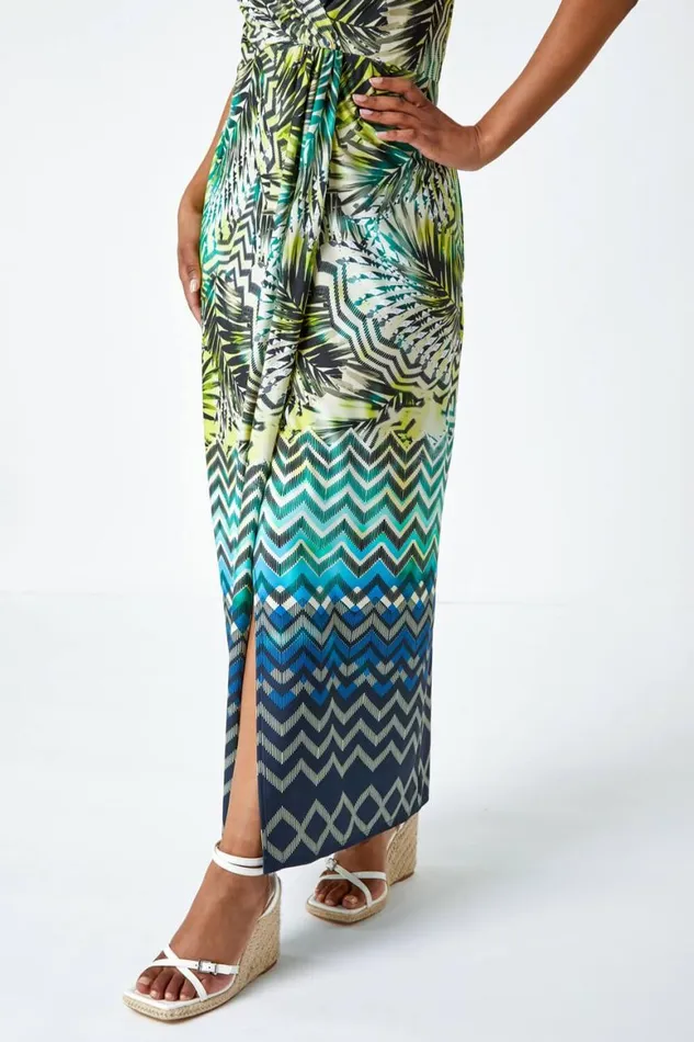 Women Lime Petite Abstract Print Ruched Wrap Maxi Dress Roman Dresses