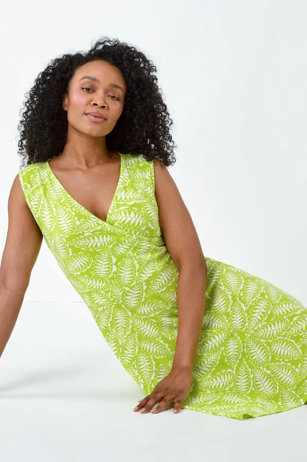 Women Lime Petite Leaf Print Stretch Wrap Dress Roman Dresses