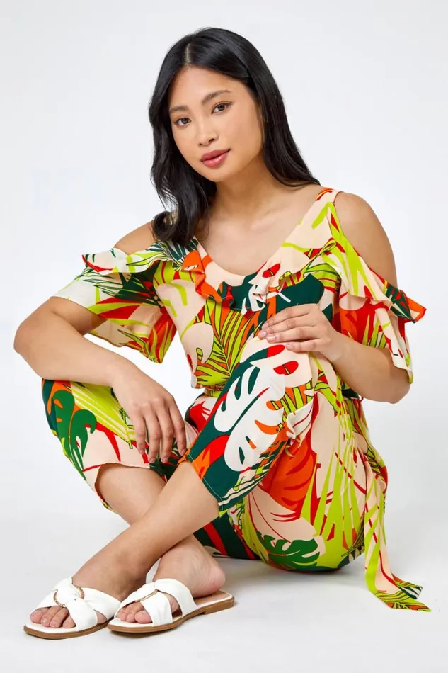 Women Lime Petite Tropical Print Frill Jumpsuit Roman Jumpsuits and Playsuits