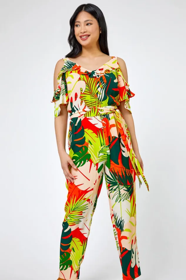 Women Lime Petite Tropical Print Frill Jumpsuit Roman Jumpsuits and Playsuits
