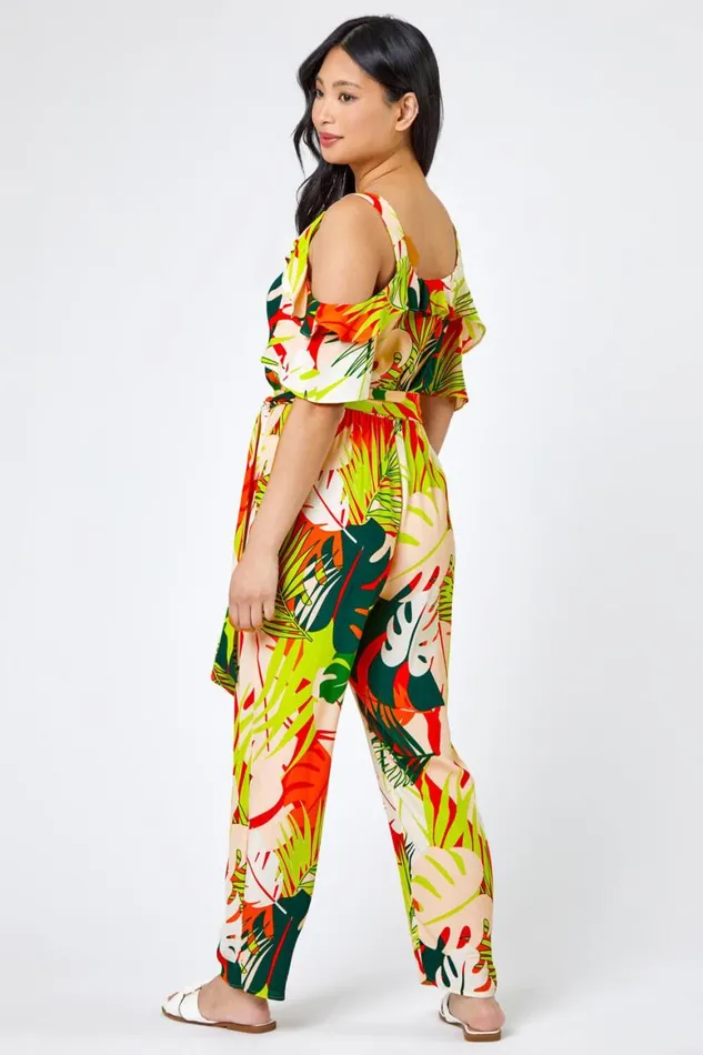 Women Lime Petite Tropical Print Frill Jumpsuit Roman Jumpsuits and Playsuits