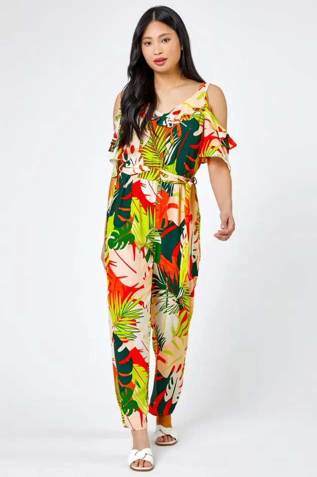 Women Lime Petite Tropical Print Frill Jumpsuit Roman Jumpsuits and Playsuits
