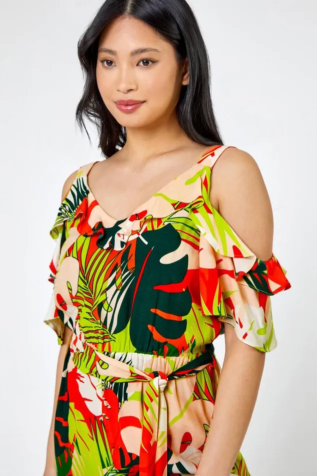 Women Lime Petite Tropical Print Frill Jumpsuit Roman Jumpsuits and Playsuits