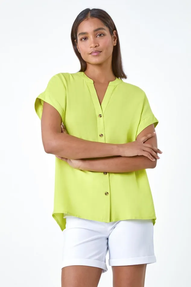 Women Lime Plain Button Through Relaxed VNeck Shirt Roman Tops